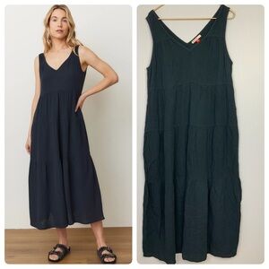 NWOT Marine Layer L Corinne Black Double Cloth Gauze Tiered Maxi Dress Pockets